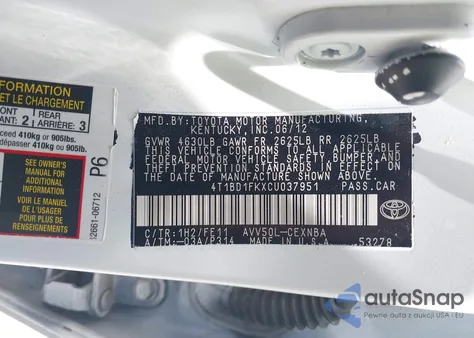 2012 Toyota Camry Hybrid Le from USA, damaged, VIN 4T1BD1FKXCU037951